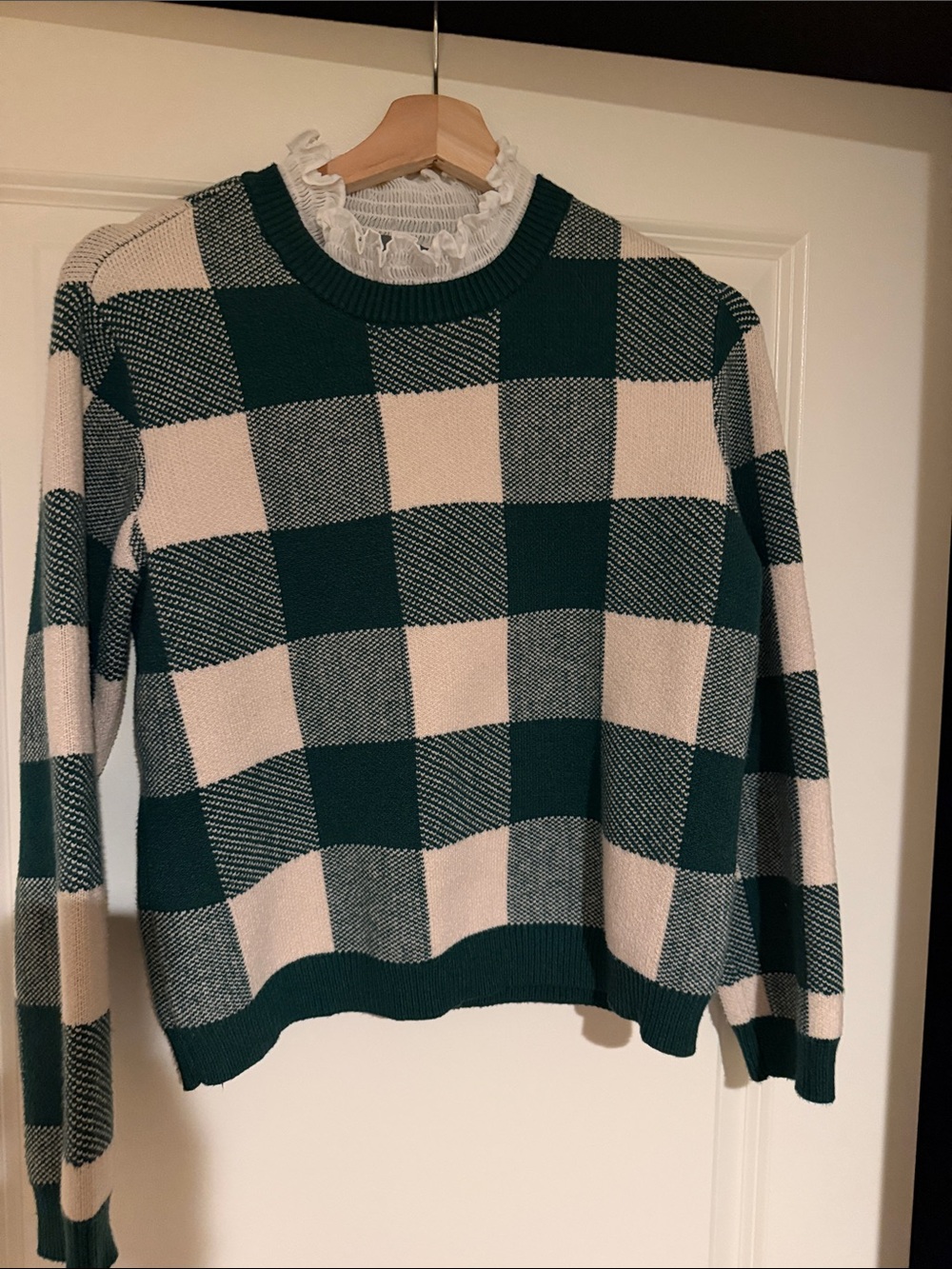 Anthropologie Green and Cream Buffalo-Check Crewneck Sweater